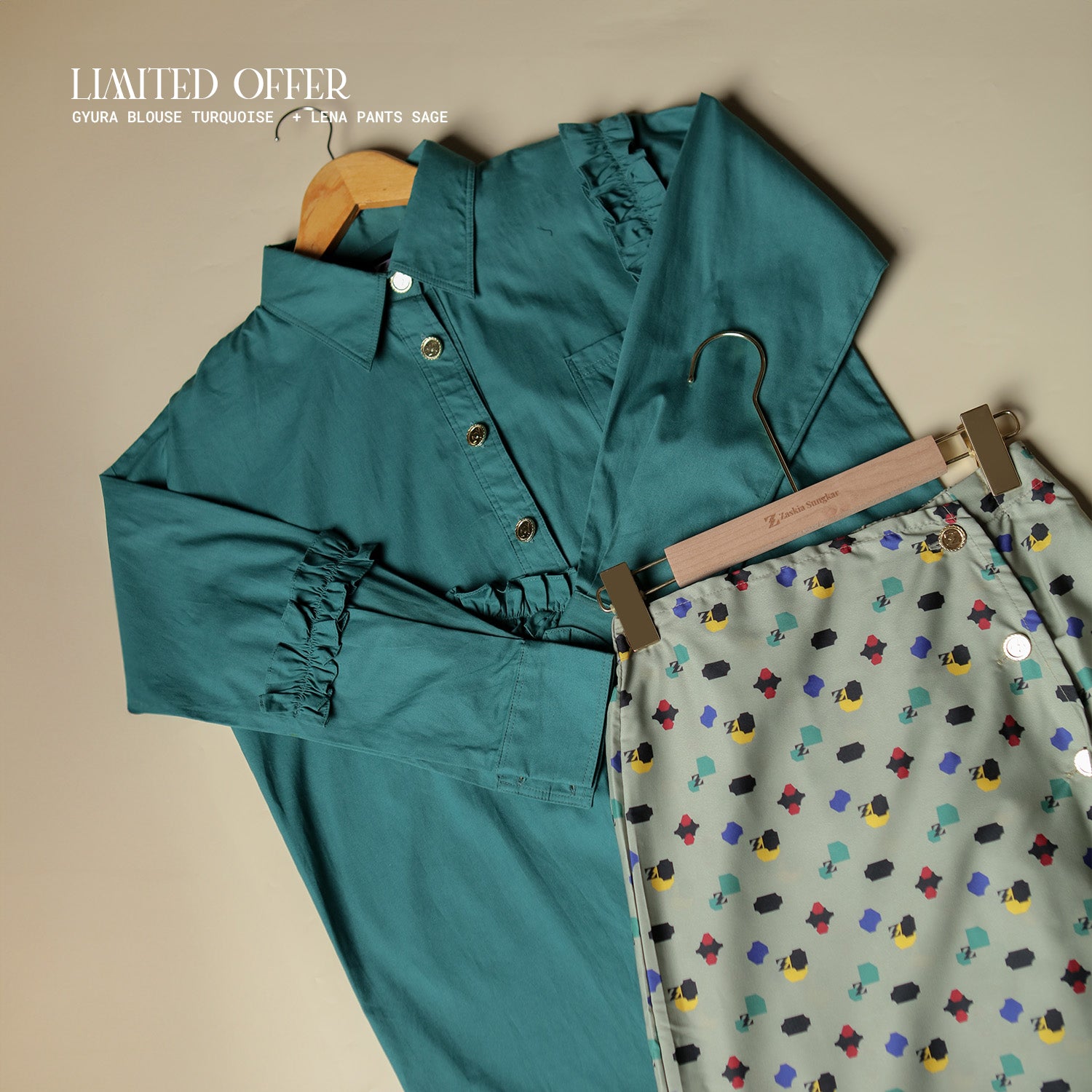 Gyura Blouse Turquoise With Lena Pants Sage